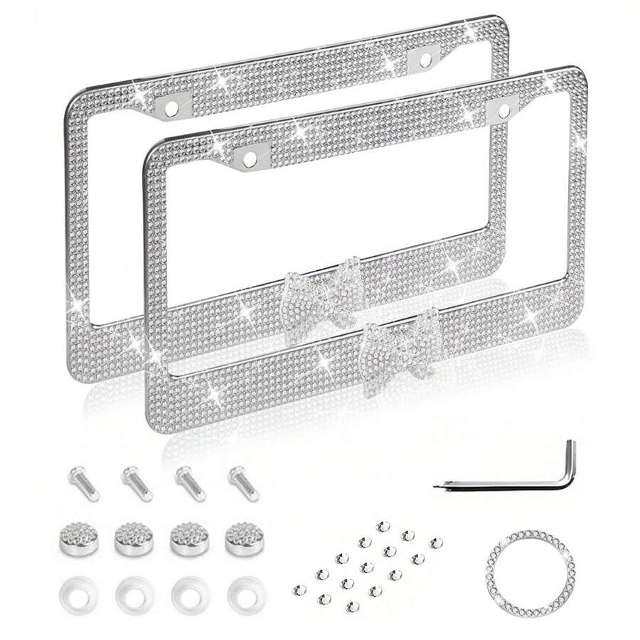 2PCS Stainless Steel License Plate Frames, Pre-Drilled US Standard Size, Scratch-Resistant & Weatherproof (White/Pink/Black), Custom Car Decor Accessories, Stylish Plate Protector, Practical Gift For Car Owners - 白色和白色蝴蝶結 - 查看 1