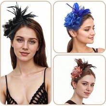 Fascinators Hats Women,Tea Party Fascinator Hair Clip With Feathers Wedding,Derby Hats Headbands - Style1-咖啡 - 查看 3