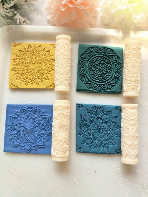 أسطوانة نقش طين البوليمر ذات نمط المندلا، ذات نقشة دانتيل رقيقة، نقشة كرمة زهرية، أسطوانة نقش ذات موضوع زهري، أسطوانات نقش خزفية للاستخدام في صناعة المجوهرات، تشبه ألواح نقش طين البوليمر، تعمل مع قواطع طين البوليمر