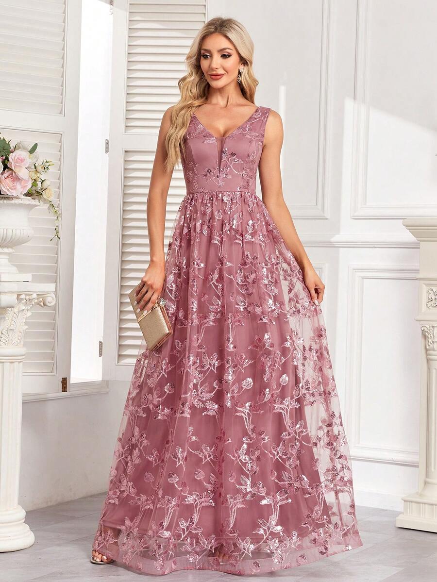 V领无袖亮片花卉刺绣网纱晚礼服 - 藕粉色 - 查看 1