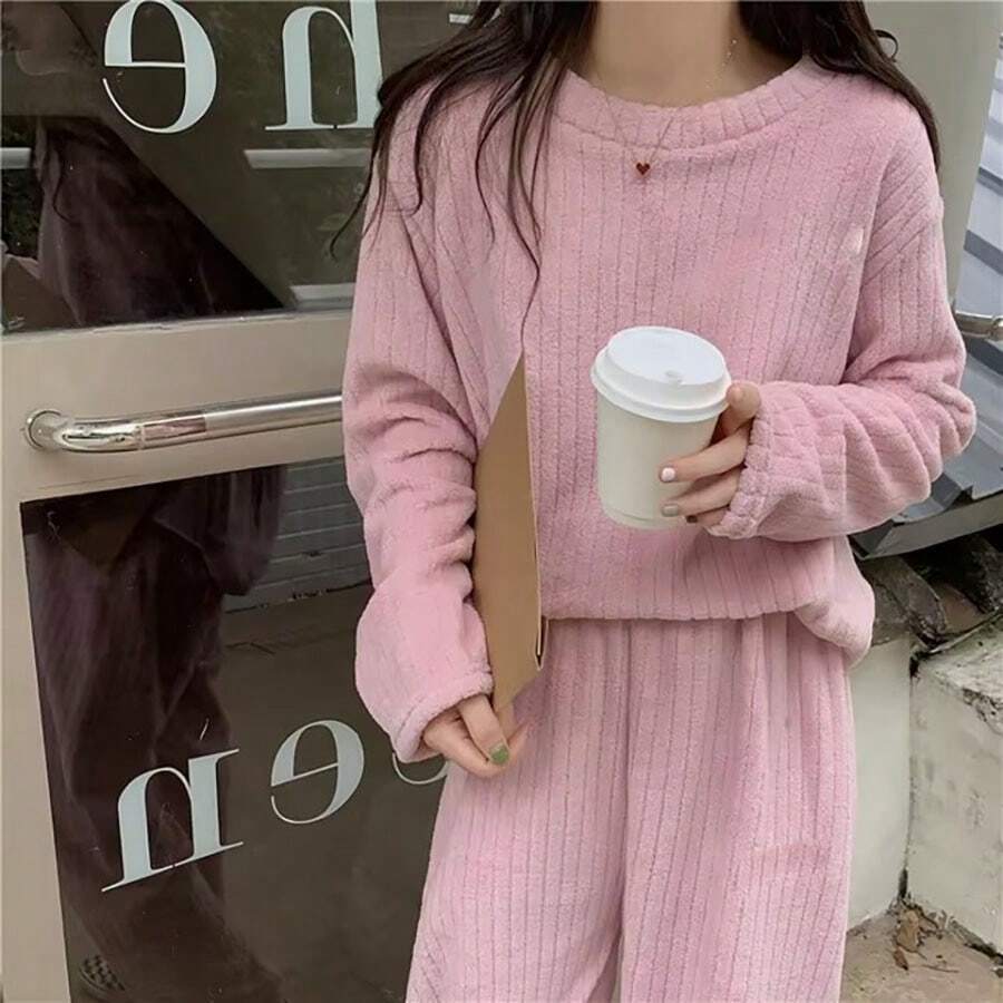 Conjunto de pijama para mujer, 2 piezas, cálidas, mullidas, de vellón, de gran tamaño, suave - Rosa - Ver 1
