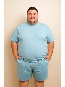 Conjunto masculino plus size manga curta com gola redonda com Bermuda basica curta plus size academia conjuntinho fitness moda verão chique elegante casual dia dia para trabalhar - azul claro - Visão 1