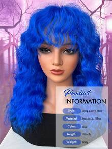[Women's Curly Wig] Heat-Resistant 18 Inch Blue Water Ripple Curly Wig With Bangs 150% Density Water Wave Curls, Breathable Rose Net Cap Versatile For Halloween&Role Play Use