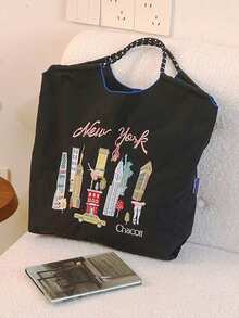 1pc Fashionable Versatile Embroidered Tote Bag, Lightweight Commuter Nylon Organizer Shopper Bag - Multicolor - View 13