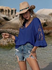 Rusttydustty Blusa casual con scollo a tacca in pizzo di taglia comoda per donne, stile boho, adatta per Pasqua, spiaggia, Hawaii, festival musicali e vacanze tropicali - Blu reale - Visualizzare 5