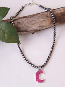 1pc Western Country Style Vintage Textured CCB Multicolor Leopard Print Black & White Plaid 26 Letter Minimalist Pendant Necklace, Sweater Chain