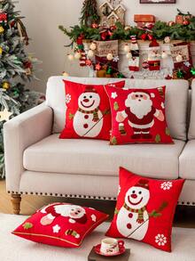 1pc Red Base Fabric Delicate Snowman & Santa Claus Embroidered Cushion Cover, Christmas Decor, Fits Multiple Room Styles, 45cm*45cm, Pillow Insert Not Included Home Decor Christmas Decorations Room Decor Christmas Decorations Home