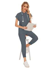 Bộ đồ phẫu thuật thời trang bán sỉ, đồng phục bệnh viện nha khoa, màu trơn, áo choàng phẫu thuật, cổ chữ V có túi, bộ đồ y tế cho nữ, quần jogger, bộ đồ mùa xuân. - Xám - Xem 7