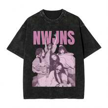 Streetwear Washed T-Shirt NJZ Cotton T Shirts Kpop Band  Cool Tee Shirt For Men Beach Y2K Fun Casual Top Tees - 黑色 - 查看 1