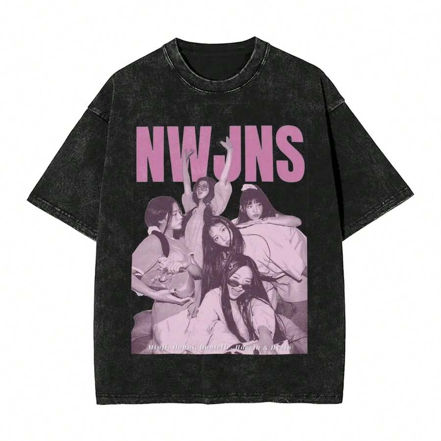 Streetwear Washed T-Shirt NJZ Cotton T Shirts Kpop Band  Cool Tee Shirt For Men Beach Y2K Fun Casual Top Tees - 黑色 - 查看 1