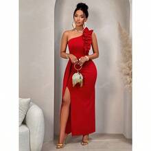 2024 Autumn & Winter Women's Solid Color Asymmetrical Shoulder Ruffle Trim Ruched Design Sleeveless Elegant Charm Slit Dress For Party ,Dating, Single Party, Formal Dinner Or Gala Event,Valentines Day