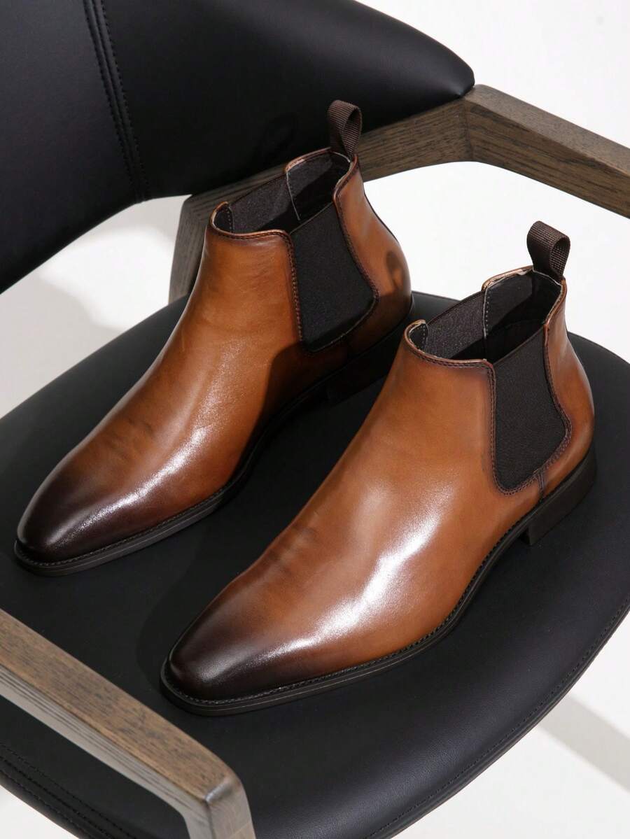 VOSTEY SHOESMORE Men's Leather Chelsea Boots Polished Leather Dress Brown Boots Stylish Classic Retro Slip On Boots For Men - AMY8156A-棕色 - 查看 1