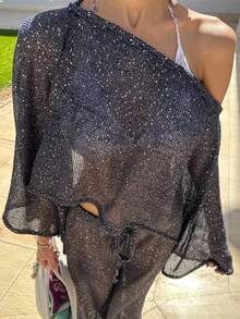 Women Sequin Shiny Glitter Knit Poncho Off Shoulder See-Through Crochet Cape Sheer Shrug Lightweight  Summer Holiday Beachwear Sheer Mesh Swimsuit Bikini Cover Ups Poncho Top Shawl - 黑色 - 查看 2