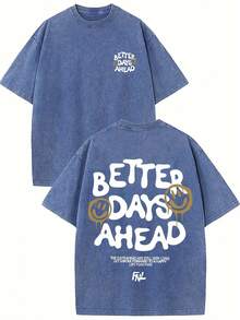 Better Days Ahead Graphic Print Vintage Washed High Quality Cotton Patterned-Shirt Men's-Shirt Old Summer Clothing Drop Shoulder Sleeve Round Neck Tops Short Sleeve - 寶藍色 - 查看 1