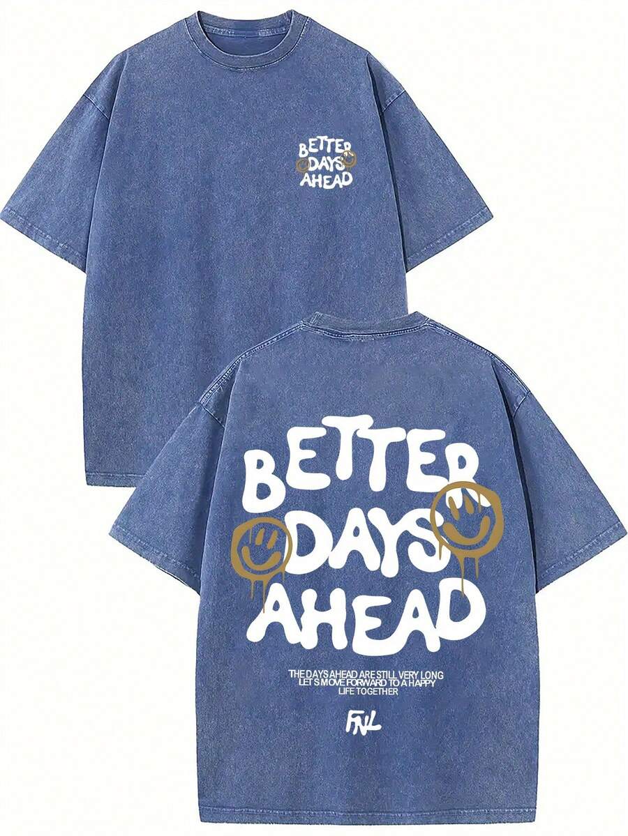Better Days Ahead Graphic Print Vintage Washed High Quality Cotton Patterned-Shirt Men's-Shirt Old Summer Clothing Drop Shoulder Sleeve Round Neck Tops Short Sleeve - 寶藍色 - 查看 1