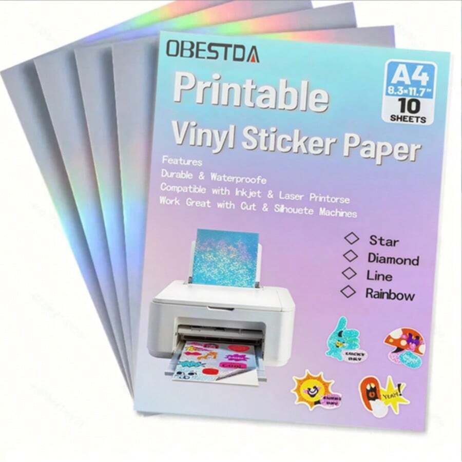 Holographic Printable Sticker Paper, Vinyl Rainbow Sticker Paper For Inkjet & Laser Printer, 10 Sheets Dries Quickly Waterproof Sticker Paper A4- 8.27 X 11.7 Inch - A4 - View 1