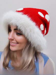 1 Piece Beautiful Ladies' Hat Thick Knitted Warm Hat With Faux Fur Trim & Polka Dots - Cozy Winter Headwear For Women