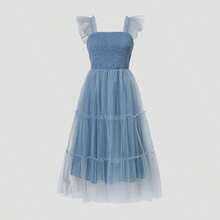 PatPat Family Matching Button Tee And Shirred Spliced Tiered Mesh A-Line Dress - Màu xanh khói trung bình - Xem 2
