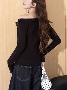 Alicedudu Women's Autumn/Winter Elegant Slim Fit Polka Dot Bow Design Pullover - Black - View 2