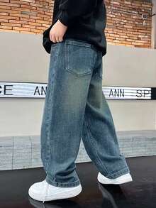 直筒宽松休闲牛仔裤，适合青少年男孩/大龄青少年男孩，水洗牛仔长裤，简约时尚 - 淺色水洗藍 - 查看 6
