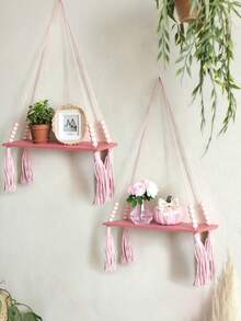 1/2 chiếc kệ treo tường trang trí bằng gỗ màu hồng tua rua đính hạt, thích hợp cho phòng ngủ, phòng khách - Kệ đựng đồ phong cách Boho dễ thương, có thể để cây nhỏ, đồ chơi và đồ trang trí, kệ treo tường đan lát - Kệ treo tường bằng gỗ phong cách Bohemian, trang trí bằng hạt gỗ, kệ treo tường kiểu nhà nông thôn, kệ treo cây kiểu đồng quê, thích hợp cho phòng ngủ, phòng khách, trang trí phòng kiểu sinh viên. - Hồng - Xem 10