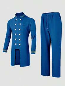 2pcs/Set Men's White Dashiki Double Breasted Long Blazer With Trousers, Golden Embroidery, Long Sleeve, Stand Collar, Elastic Waist Pants, African Clothing, Men's Casual Shirt And Pants Set, New Style For All Seasons, Suitable For Parties, Galas, Weddings, Cultural Events, Traditional Ceremonies