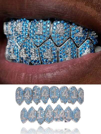 1 Set Shiny Copper Micro-Inlaid Blue & White Zirconia "1414" Metal Bicolor Hip Hop Fang Teeth Jewelry, Fashion Accessory For Halloween Party