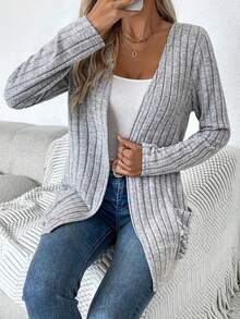 Cárdigan holgado de punto acanalado gris para mujer, con bolsillos y manga larga