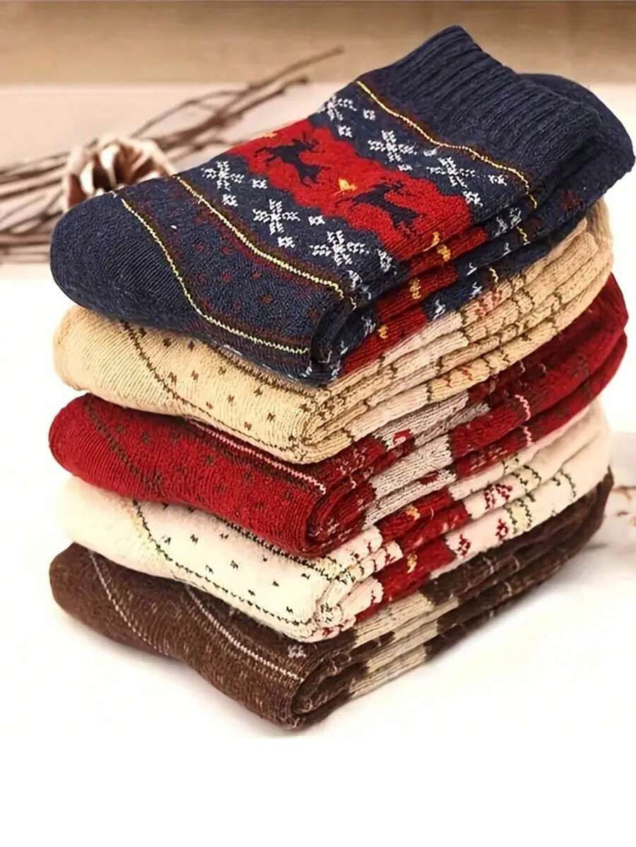 5 đôi tất dài đến bắp chân in họa tiết tuần lộc ấm áp - Tất Giáng sinh dày, ấm áp dành cho nữ, họa tiết động vật lễ hội màu đỏ, be, nâu và xanh navy, hoàn hảo cho lễ kỷ niệm ngày lễ, tất Giáng sinh - Nhiều màu - Xem 1