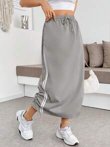 Falda  larga para mujer de color liso con resorte cómodo y cordones laterales para uso casual de moda - Gris - Ver 1