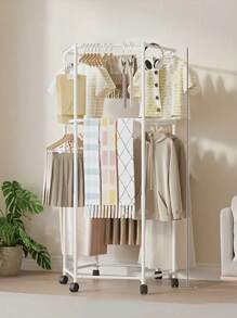 6-Sided Rotating Clothes Rack With Wheels - Sturdy Metal Tube, Freestanding Hanger, Portable Design, Efficient Clothing Storage And Display, Black/White, Laundry Room Organizer | Hexagonal Design | Metal Structure, All-Season Laundry Organizer | Hexagonal Shape - Multicolor - View 14