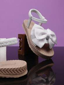 1 Pair Plus Size White Flat Sandals For Toddler Girls, Solid Color PU Adjustable Buckle Bow Decor, Open Toe Comfortable Cute Roman Sandals Suitable For 3-15 Years Old Students Daily, Casual, Travel, Summer - trắng - Xem 2