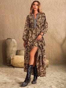 Rusttydustty Women's Dark Blue Randomly Printed V-Neck Long-Sleeved Dress Bohemia Tourism Music Festival - Mocha Brown - View 8