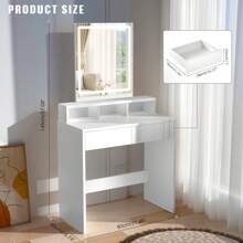 OYAJIA White Modern LED Vanity Table With LED Dimmable Mirror | Large Rectangular Mirror Dressing Table With Soft Lighting, 2 Spacious Drawers & 3 Open Compartments | UK Home Decor, Makeup Organizer, Bedroom Furniture - White - View 4