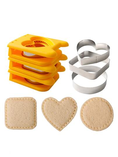 1pc Yellow Square/Round/Heart Sandwich Cutter And Sealer, Stainless Steel Cookie Cutter, Candy Mold, Cookie Mold, Chocolate Cutter, Cake Decorating Mold, Baking Tool, Kitchen Gadget, Household Kitchen Supplies, Breakfast Sandwich Maker