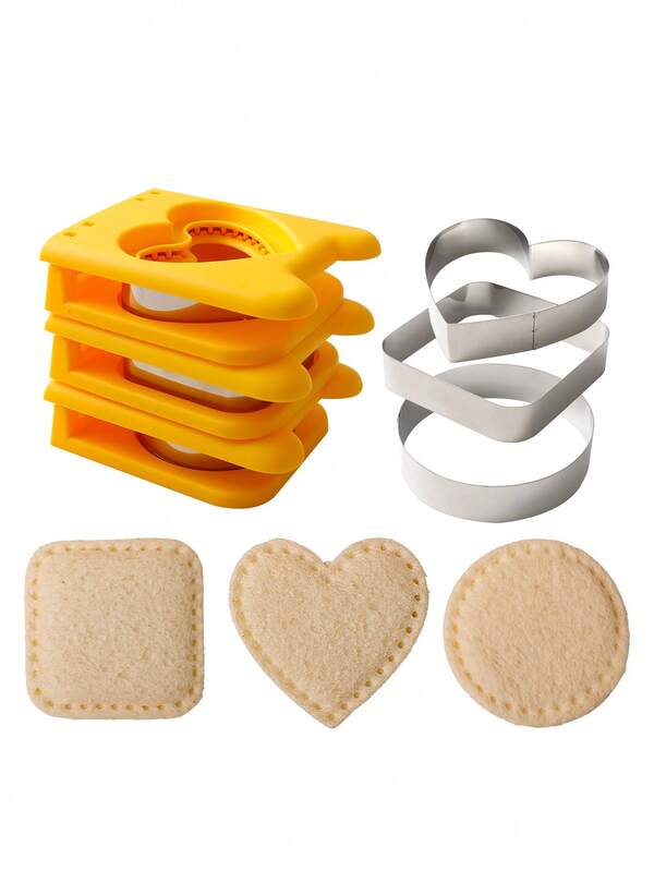 1 件黄色方形/圆形/心形三明治切刀和封口器、不锈钢饼干切刀、糖果模具、饼干模具、巧克力切刀、蛋糕装饰模具、烘焙工具、厨房小工具、家用厨房用品、早餐三明治机