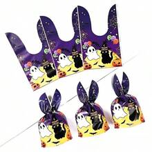 50pcs Halloween Gift Bags, Halloween Packaging Bags, Halloween Candy Bags, Halloween Decorations, Halloween Queue Supplies, 8.66*5.12inch, Cute Black Cat & Rabbit Ear Creative Design, Colorful Halloween Decorations, Suitable For Candy And Gift Packaging, Holiday Decorations
