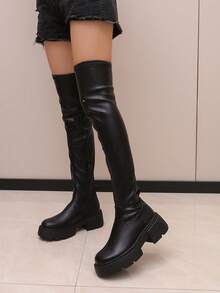 Women's Over The Knee Chunky Heel Platform Boots With Side Zipper – Stretch Thigh High Boots For Autumn Winter Streetwear Outfits - Black - View 1