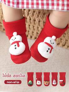 2 Pairs Kids Christmas Socks, Cartoon Anti-Slip Indoor Socks, Warm Toddler Socks, New Year Red Socks