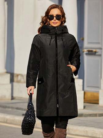 Astrid 冬季大码休闲拉链抽绳连帽长款棉服外套