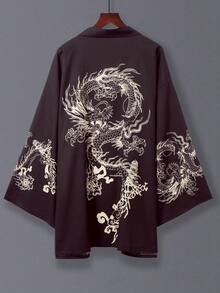 日式龙印花羽织和服罩衫男女通用薄款宽松夹克适合角色扮演万圣节、亚洲/欧洲时尚外套