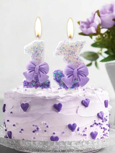 Purple Ombre Bow Number 0-9 Candles, Suitable For Anniversary, Birthday Party Cake Decoration