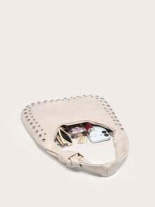 Women's Crescent-Shaped Shoulder Bag, PU Material, Large Capacity, Rivet Decor, Vintage Style, Suitable For Commuting And Outings - Apricot - View 4