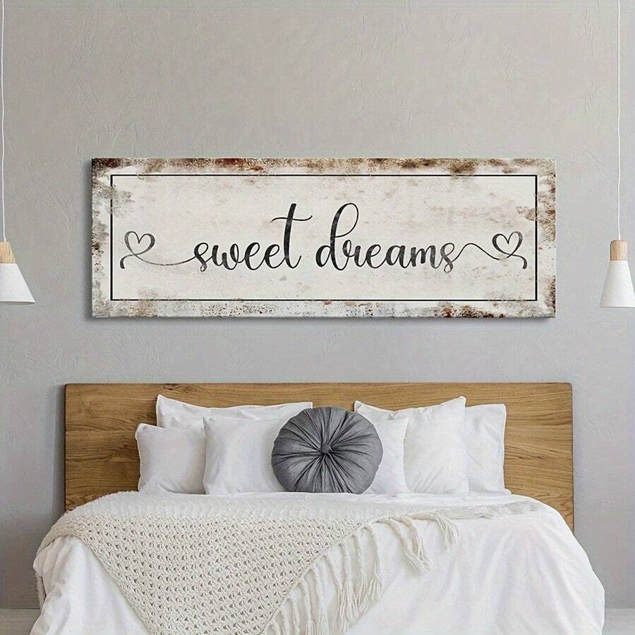 1PC Framed  Large "Sweet Dreams" Canvas Wall Art - Rustic Modern Farmhouse Decor With Distressed White Background & Heart Accents, High-Quality Ink Printed Vertical Wall Hanging For Bedroom, Living Room, Office - Spring Summer Home Decor- (Wrapped Canvas) - Nhiều màu - Xem 1