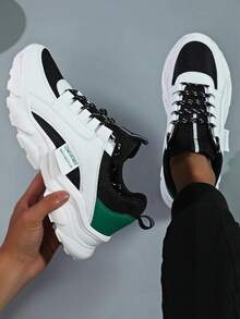 ​Men's Bright White & Black Wellness Lifestyle Sneakers - Green Accent Comfort Shoes For Urban Stroll, Year-Round Everyday Essentials​ - 黑與白 - 查看 1