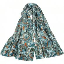 100% Mulberry Silk Scarf For Women Lightweight Long Scarves Beach Wraps Cover Up -Travel Photography Scarfhalloween - 藍白佩斯利花紋 - 查看 1