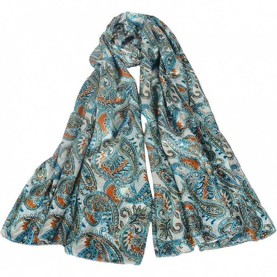 100% Mulberry Silk Scarf For Women Lightweight Long Scarves Beach Wraps Cover Up -Travel Photography Scarfhalloween - 藍白佩斯利花紋 - 查看 1
