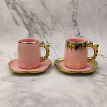 125ml Ceramic Coffee Cup & Saucer Set, Gold Bow Decor, Household Party Gift, Suitable For Drinking Coffee, Tea, Afternoon Tea, Electroplated In Various Colors