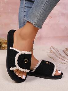 女士时尚优雅心形装饰可调节钩环蓬松露趾拖鞋,柔软舒适轻便鞋底,适合返校、万圣节、客厅和卧室,四季皆宜 - 黑色 - 查看 4