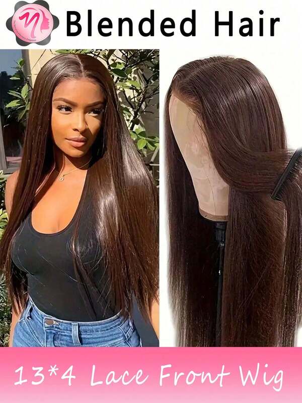 Pelucas mezcladas: una mezcla de cabello humano mezclado y cabello sintético liso de color marrón chocolate. Pelucas frontales de encaje con cabello humano mezclado 13x4 con encaje transparente, con línea del cabello natural pre-arrancada. Densidad del 180% para mujeres. Pelucas frontales de encaje con cabello humano mezclado liso y marrón (pelucas bob de 6-16 pulgadas, pelucas largas de 18-36 pulgadas), cabello mezclado